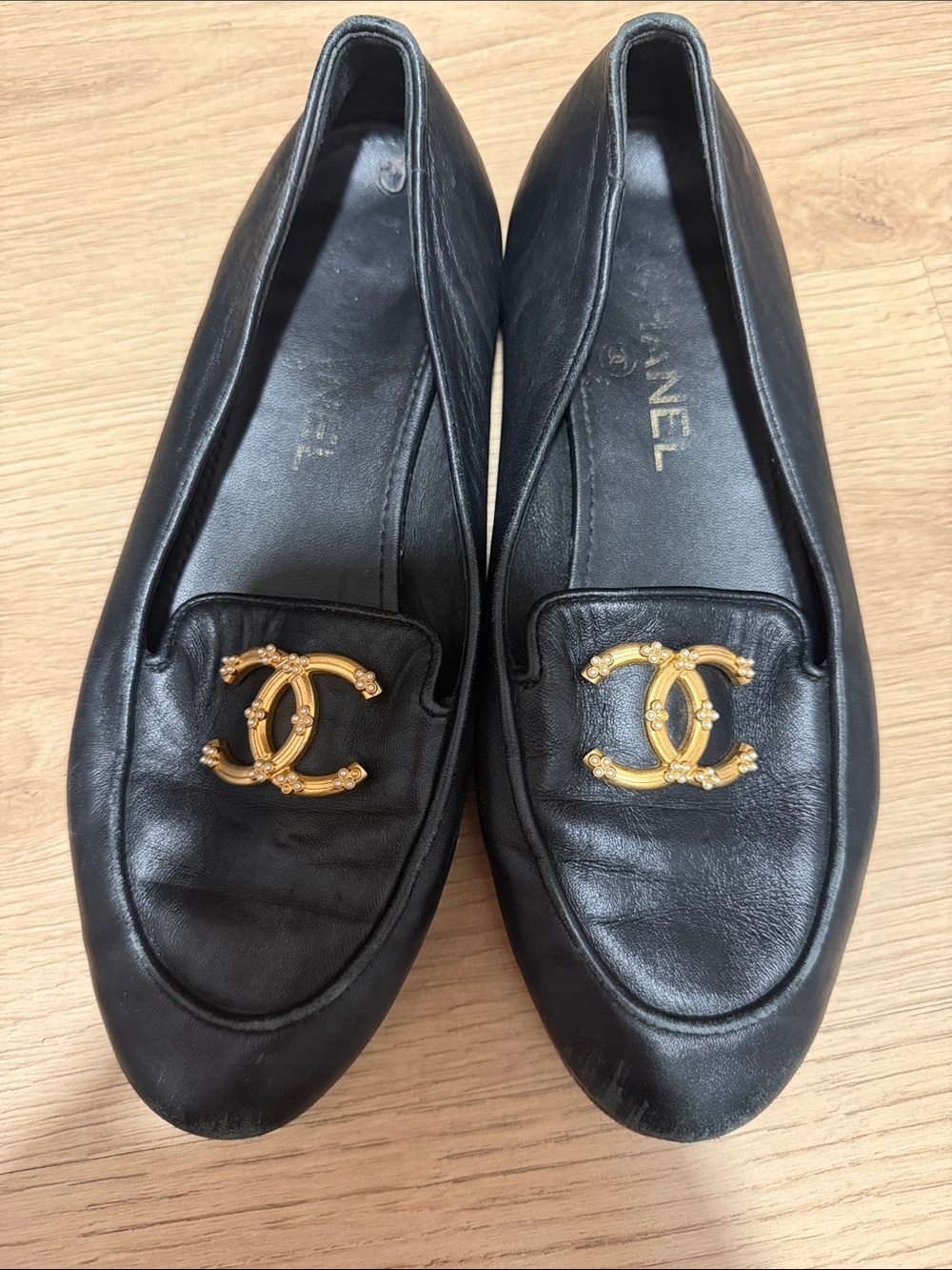 CHANEL Black Leather Loafers with Gold CC Logo
